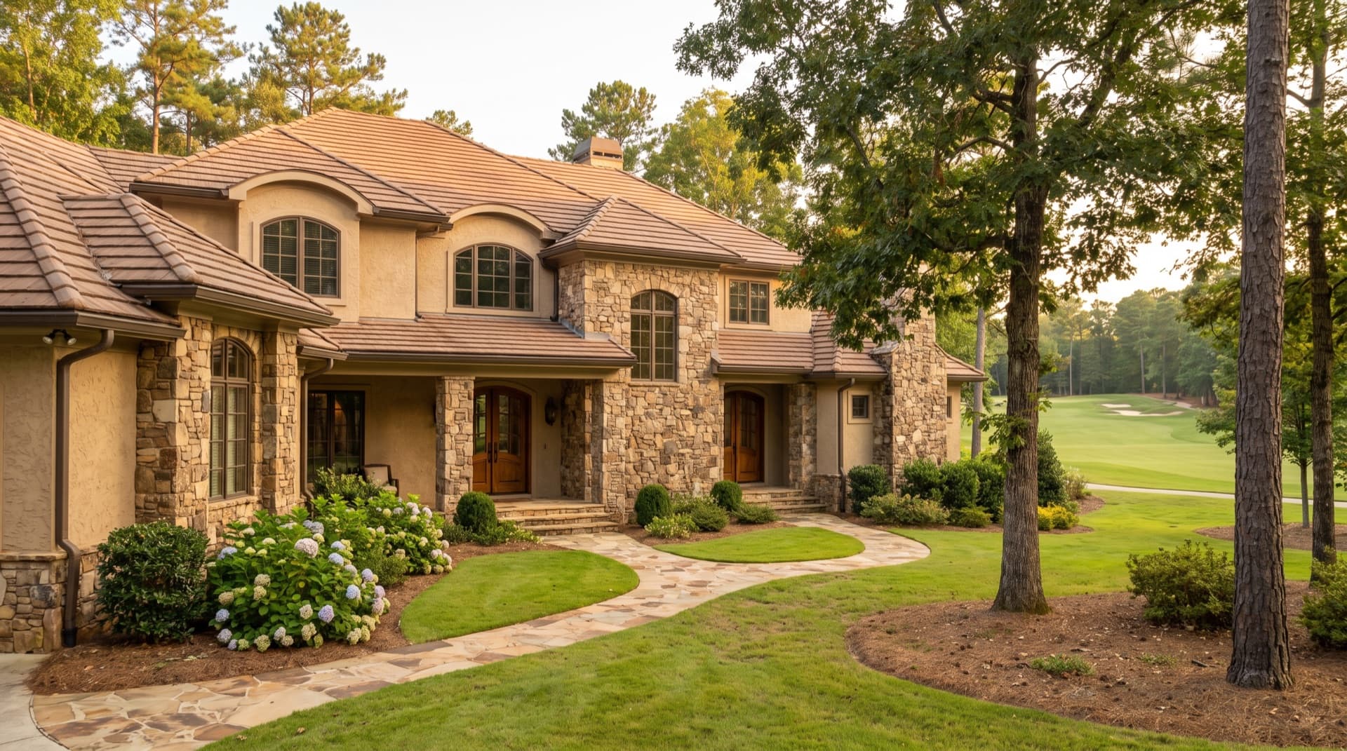 Large home with stucco and stone elevation on a wide lot in Braselton, Georgia