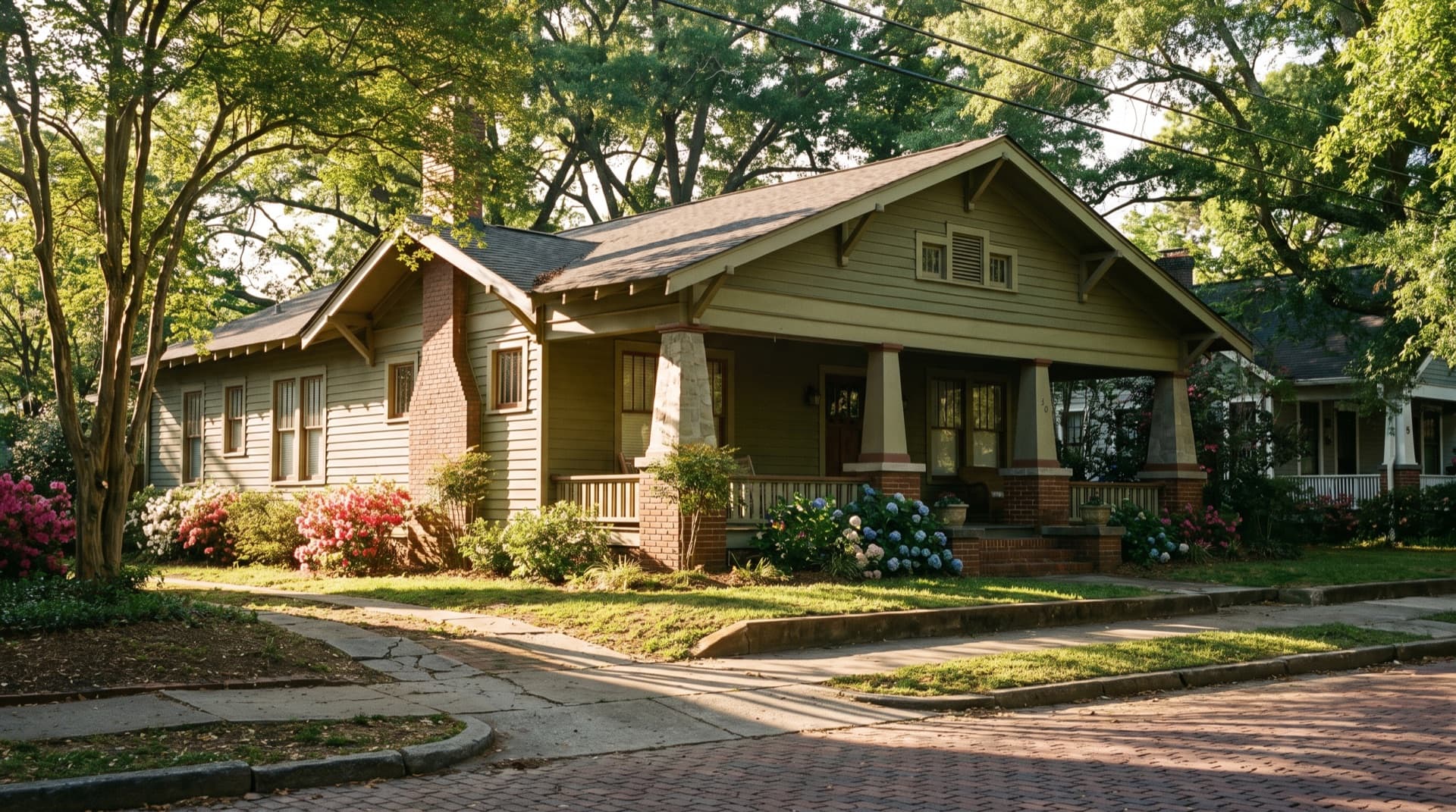 Craftsman bungalow with a deep front porch and tapered columns in Decatur, Georgia