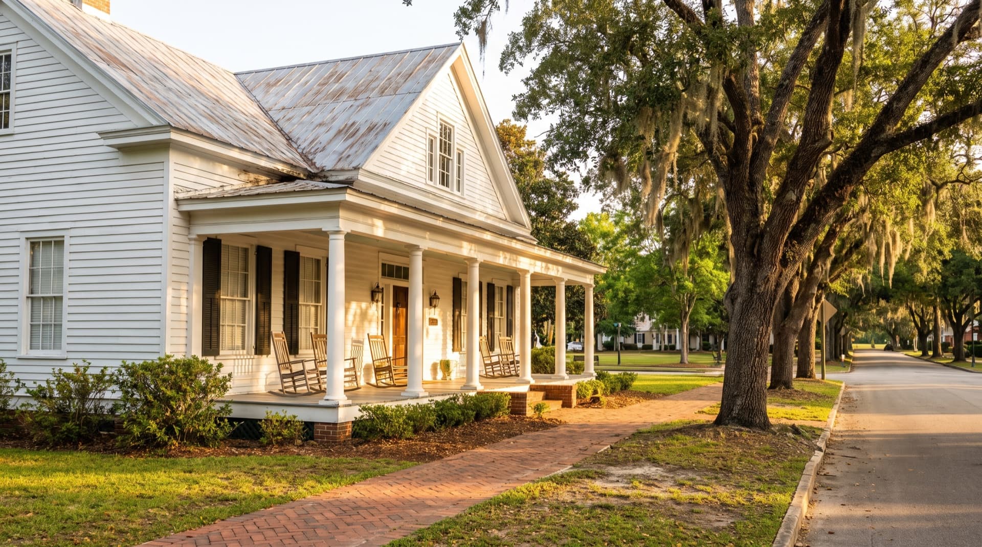 Older home with a covered front porch near the historic square in Lawrenceville, Georgia