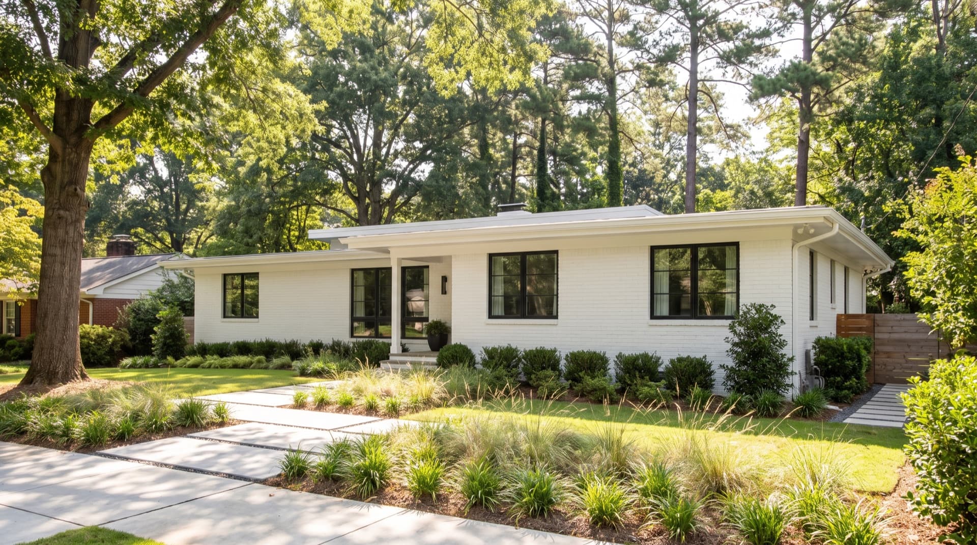 Mid-century ranch home with painted brick on a wooded lot in Sandy Springs, Georgia