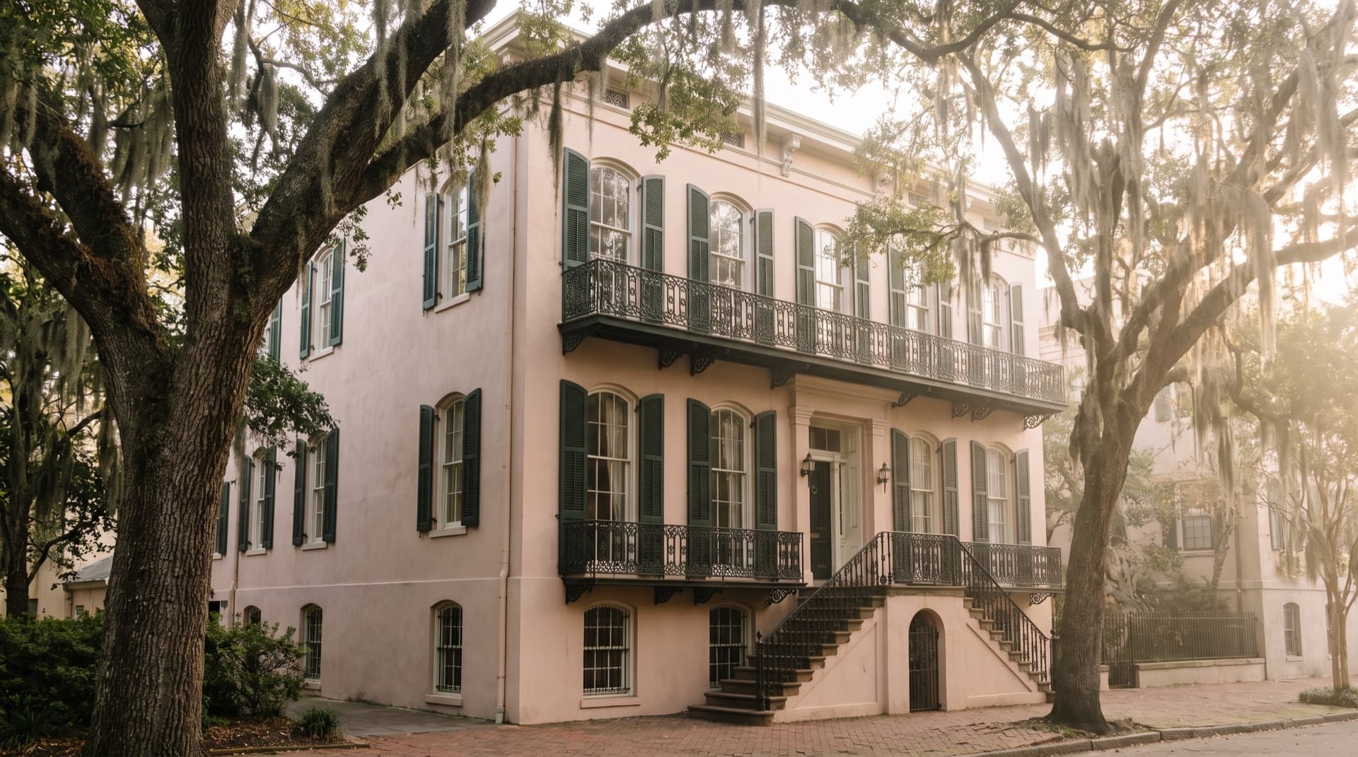 Historic Savannah, Georgia home with stucco walls, tall shuttered windows, and ironwork