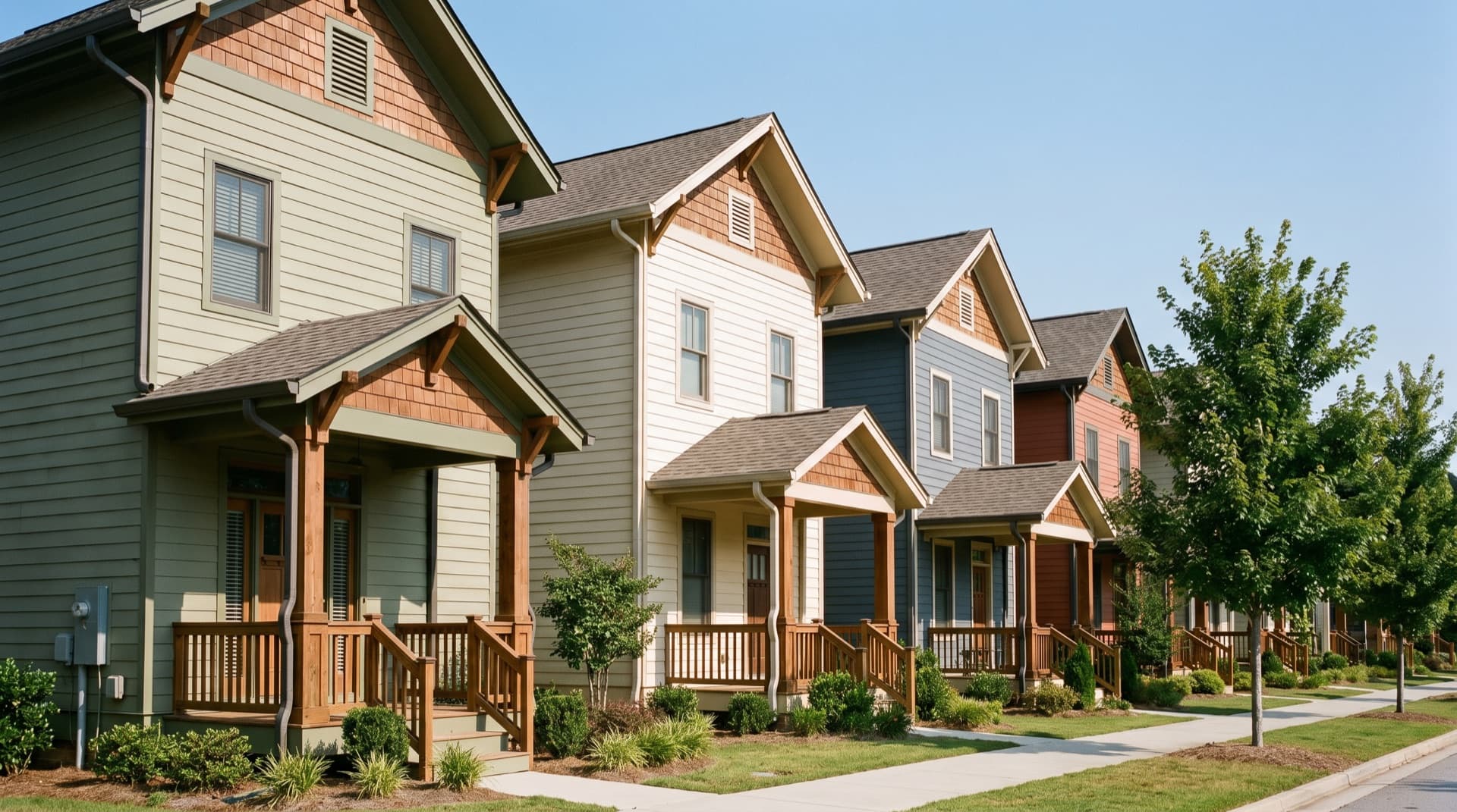 Tall narrow craftsman infill homes with painted trim and front porches in Smyrna, Georgia