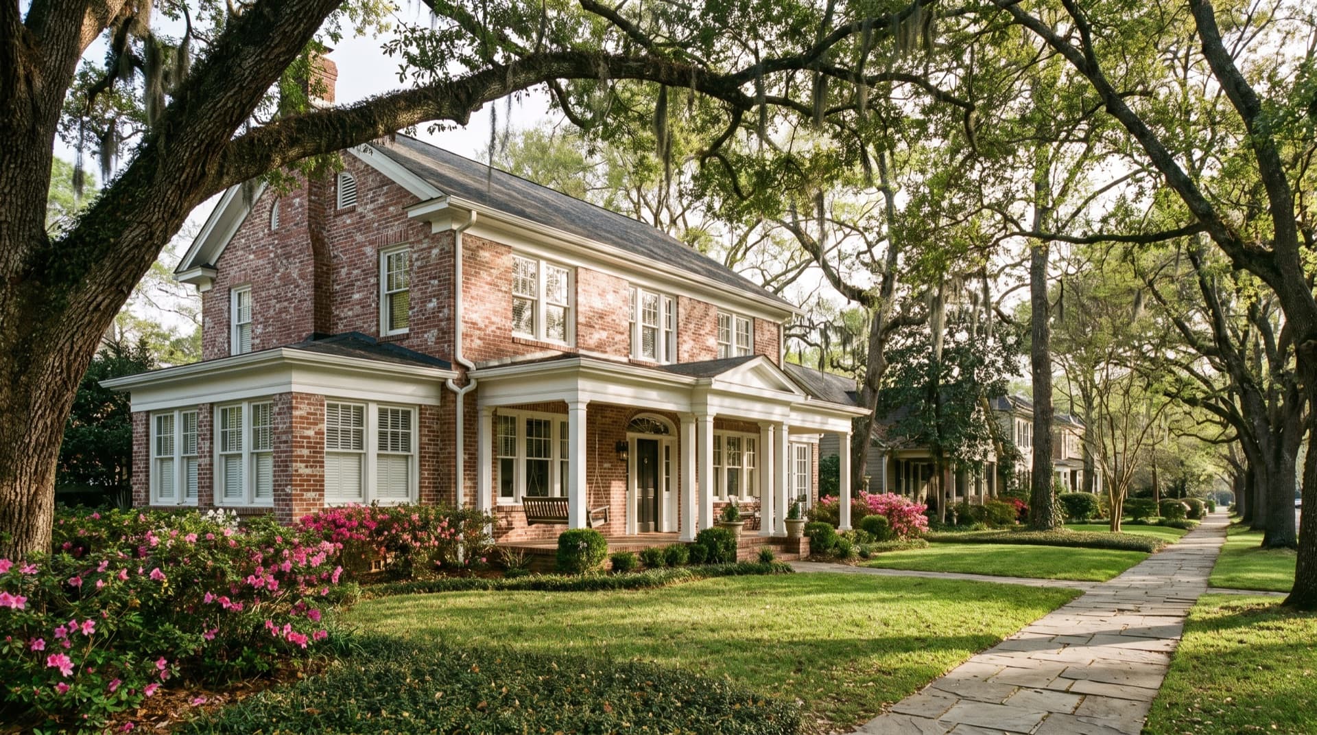 Brick-front home with painted trim under mature trees in Sugar Hill, Georgia