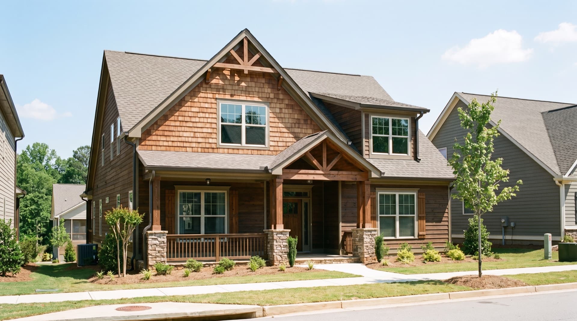Craftsman-style home with gable shake accents and a covered porch in Suwanee, Georgia