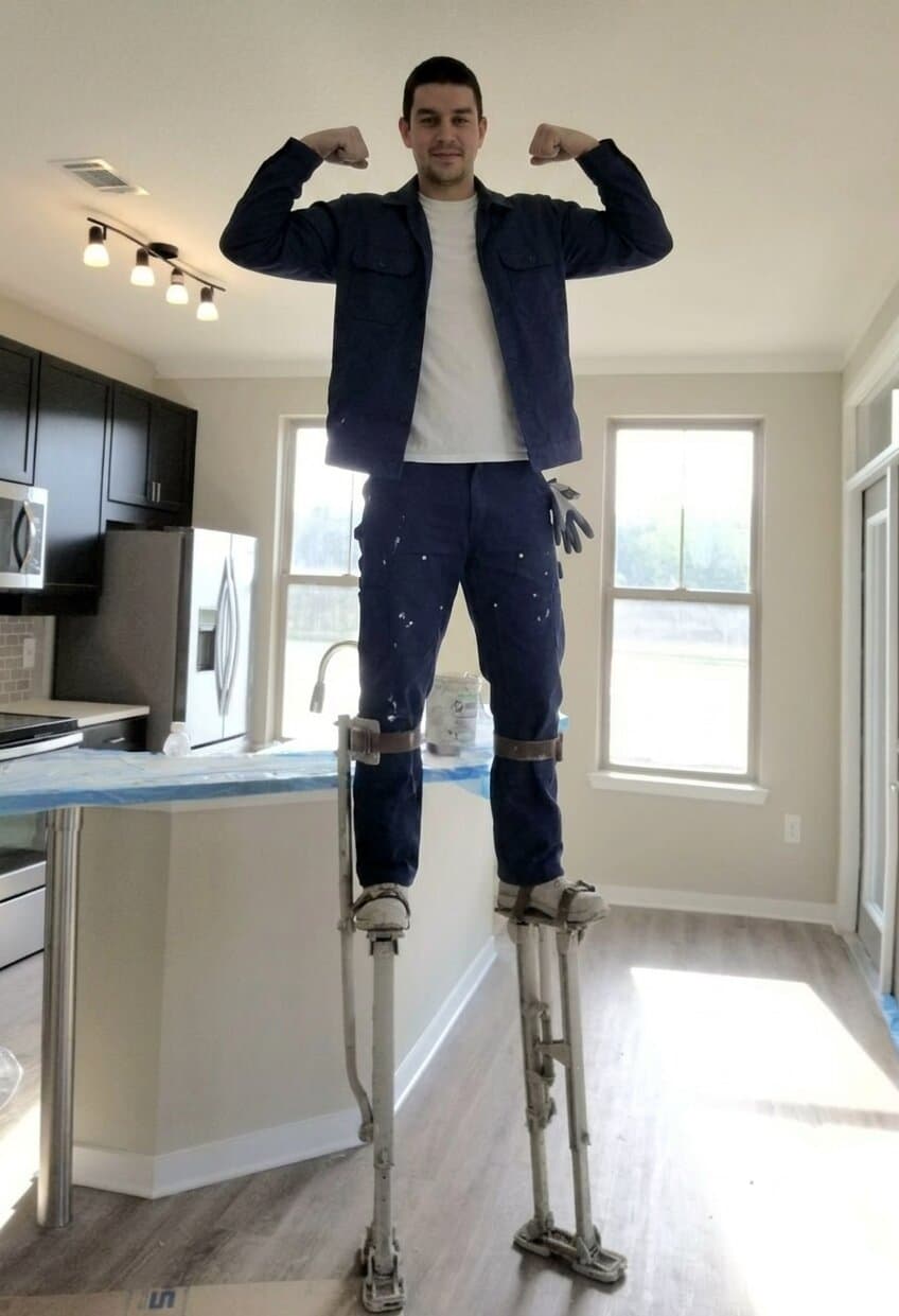 Joaquin Araiza, owner of Pro Araiza Remodeling & Painting, on stilts in a customer's kitchen